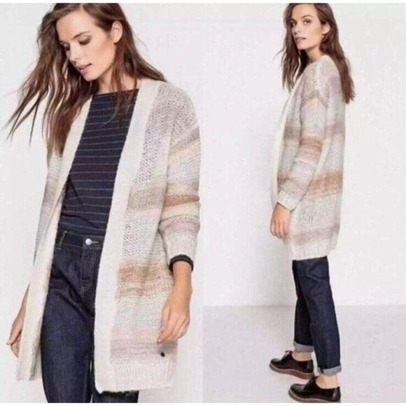 Anthropologie Numph Open Front Long Cardigan XS Stripe Cream Chunky Knit Mohair - Picture 2 of 16